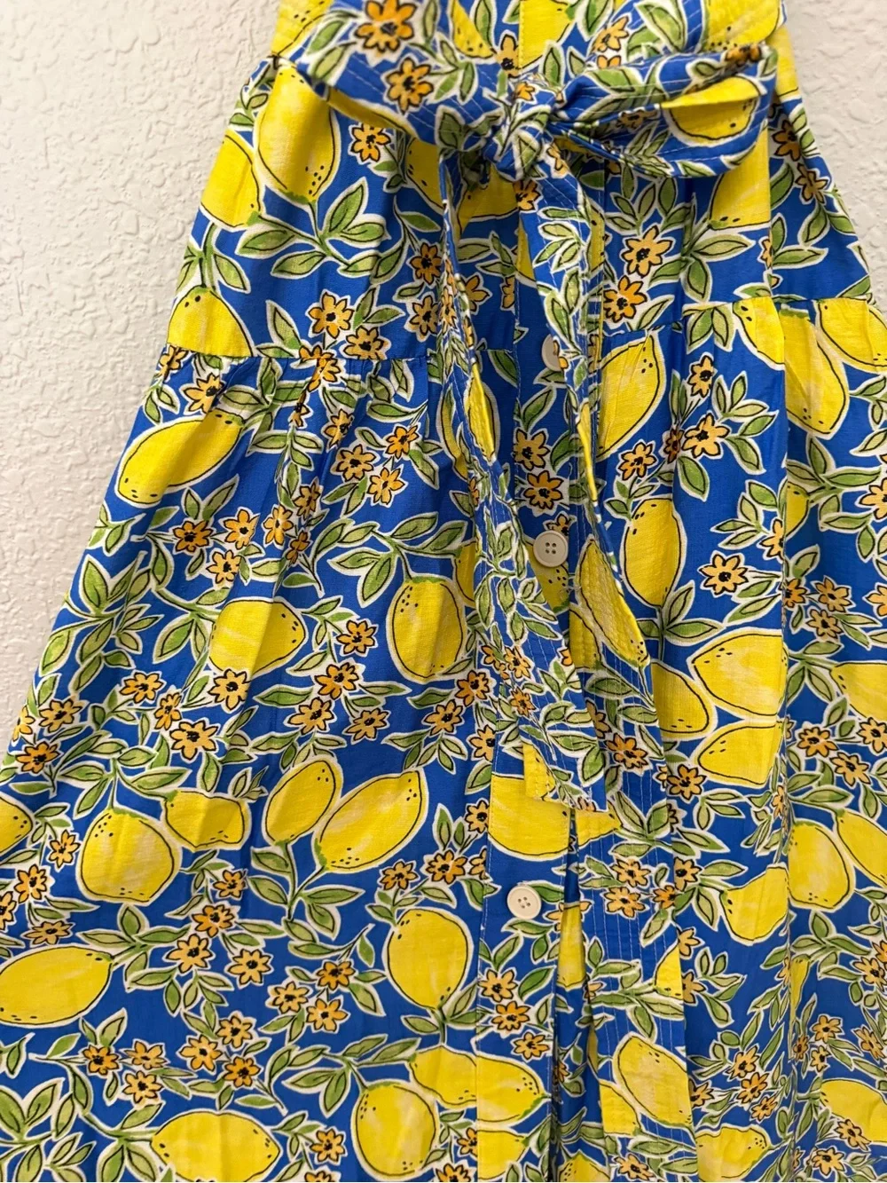 NWOT Yellow & Blue Lemon-Print Midi Dress with Tie Waist - Picture 8 of 16